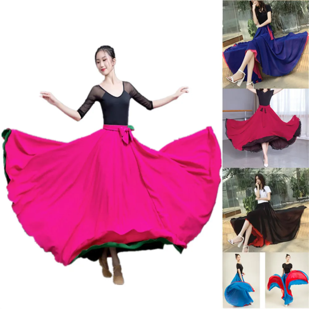 Women stretch High Waist Pure color two-color positive reverse both sides dress Chiffon 540 degrees Dance Skirt  YF042