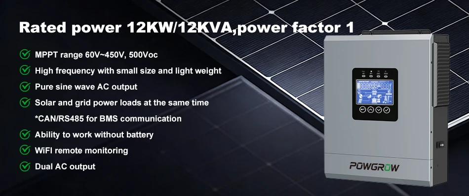 POWGROW Off-Grid Reiner Sinus-Wechselrichter 12KW 6.5KW 5KW 3.6KW Dual-Ausgang MPPT 220V 24V 48V Max. PV-Eingang 500V Solarladegerät 160A mit BMS – Detail 3