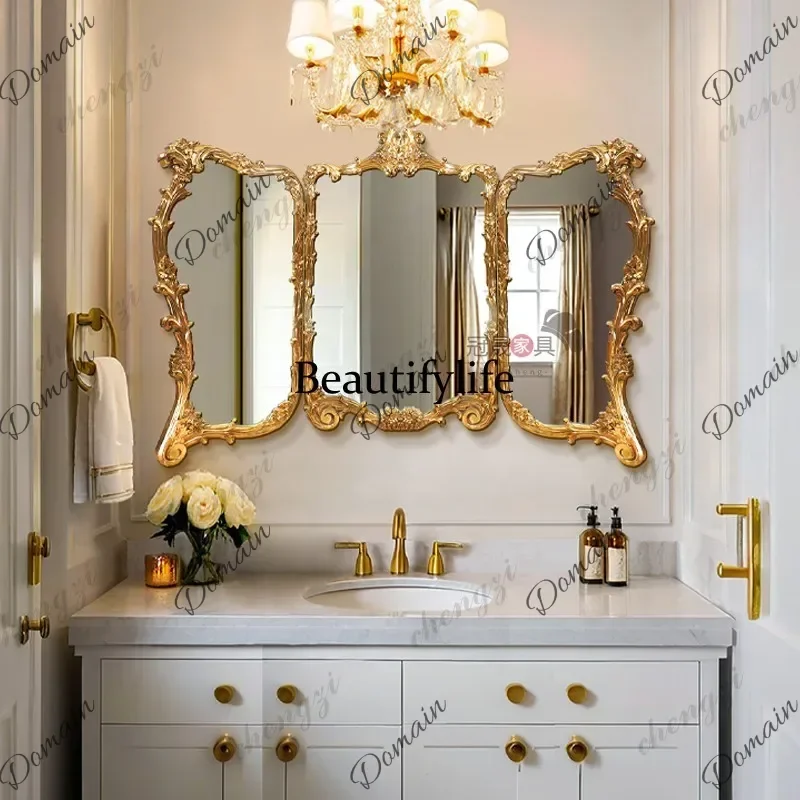 YFC French retro tri-fold bathroom mirror living room wall hanging carved special-shaped mirror bedroom dresser folding mirror