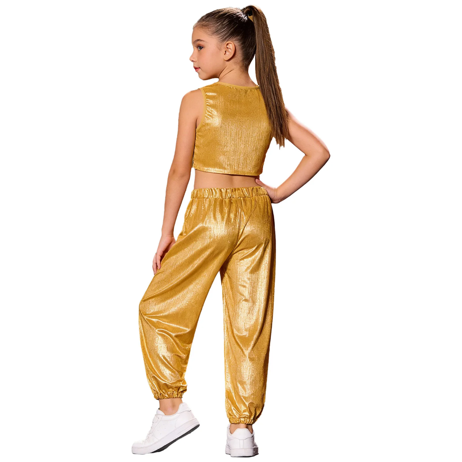 Kinder Mädchen Hip-Hop-Cheerleading-Auftritts-Kostüm Jazz-Tanz-Outfit Metallisch Geripptes Tanz-Outfit Ärmellose Weste mit Hose – Detail 14