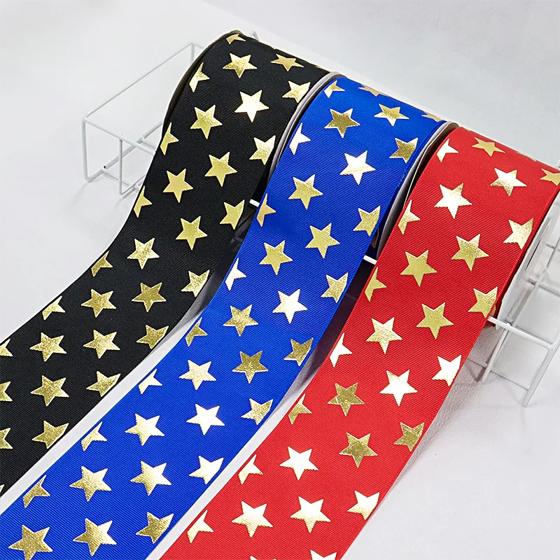 

3'' 75mm Gold Foil Stars Printed Grosgrain Ribbon For Hair Bows DIY Crafts Handmade Accessories