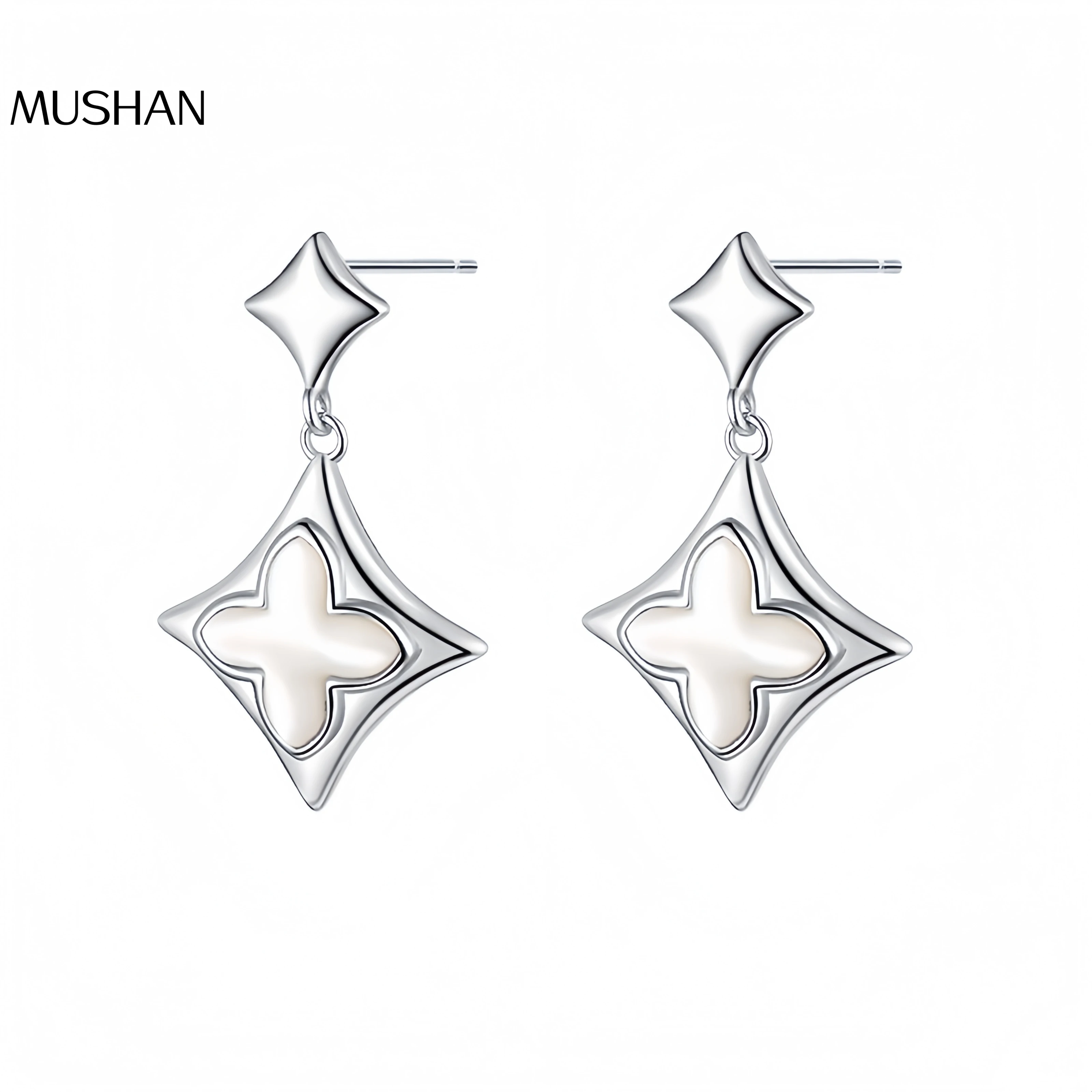 

Mushan Luxury Brand S925 Sterling Silver Retro Four-Leaf Clover, White Shell Stud Earrings, Italian Earrings And Earrings
