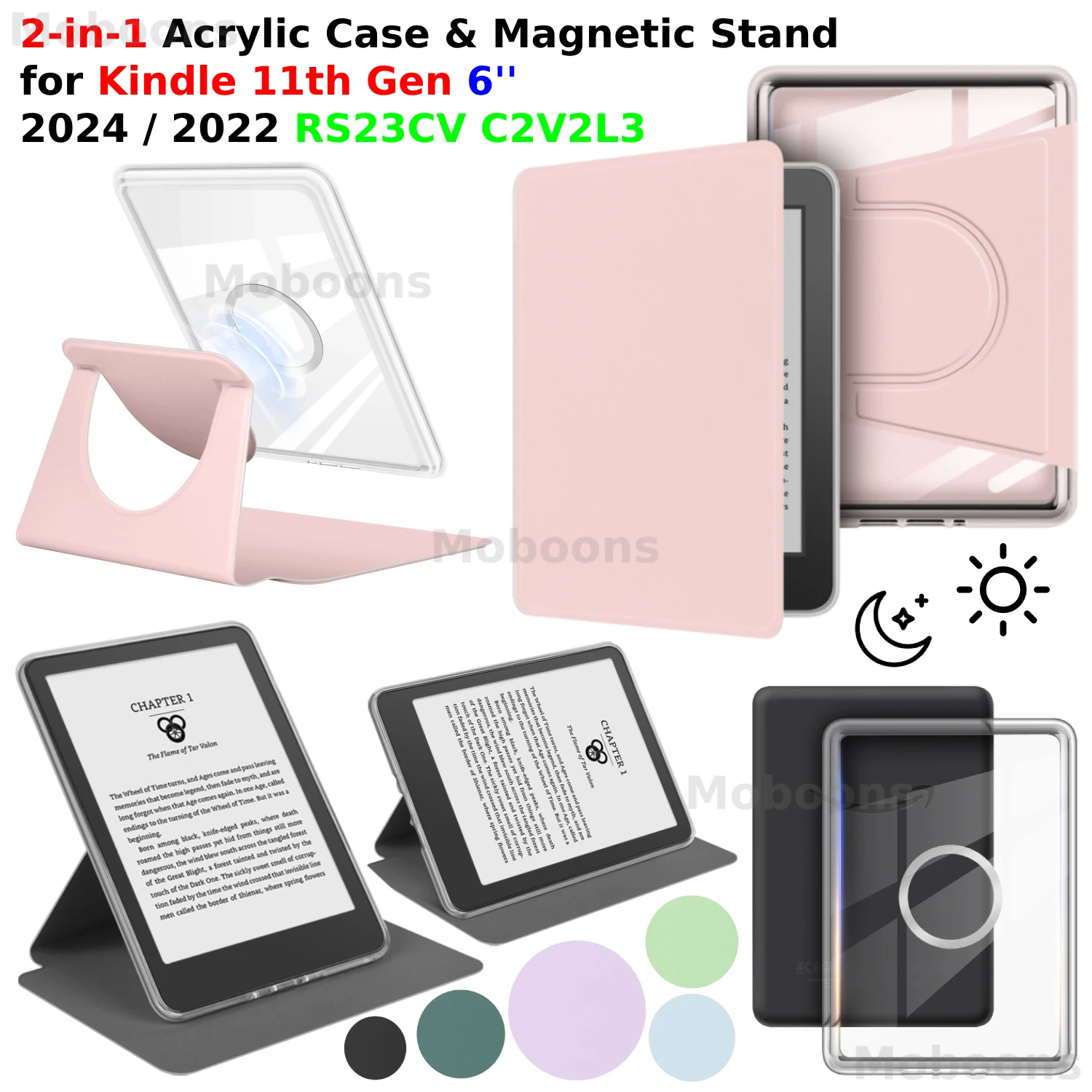 

For Kindle 11th Gen Case 6'' 360° Rotatable 2-in-1 Magnetic Detachable Acrylic Case PU Leather Stand RS23CV C2V2L3 Sleep Funda
