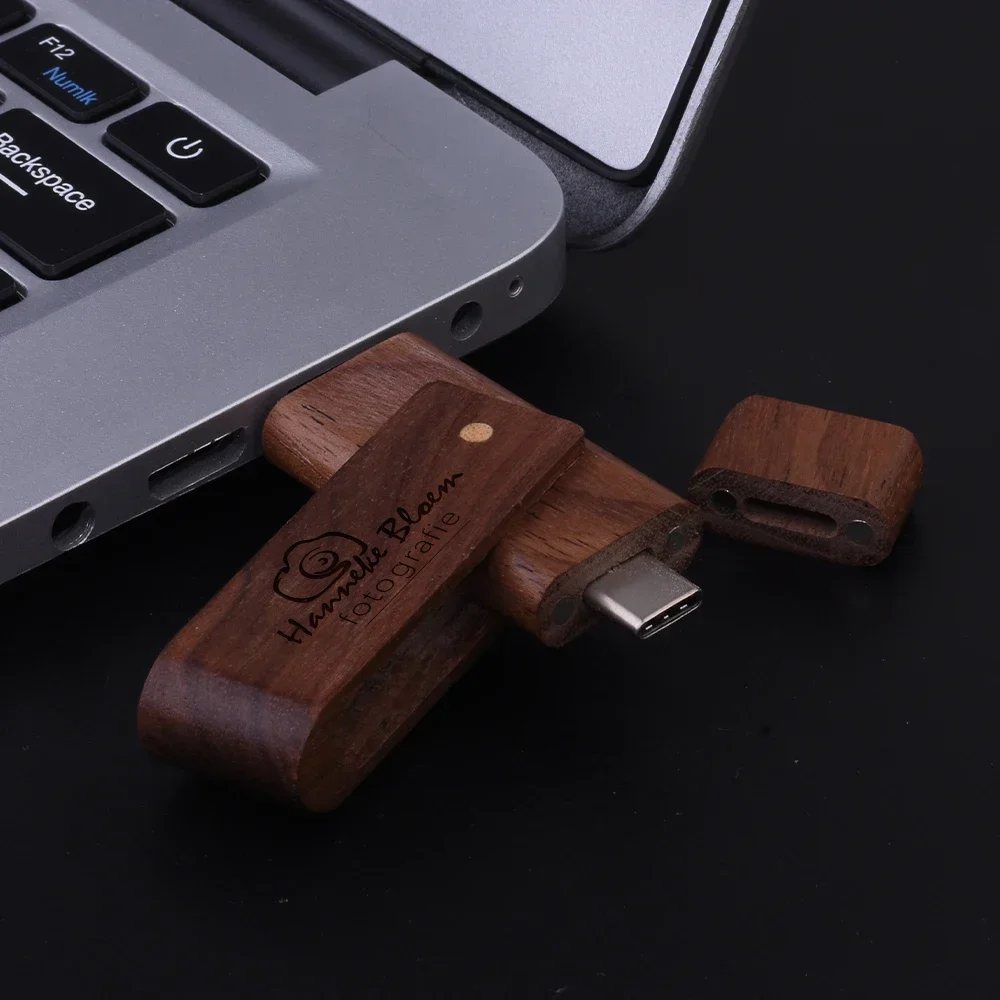 JASTER Rotatable Wooden USB Flash Drives 128GB 2 in 1 TYPE-C Pen Drive 64GB Free Custom Logo Memory stick 32GB Creative gift