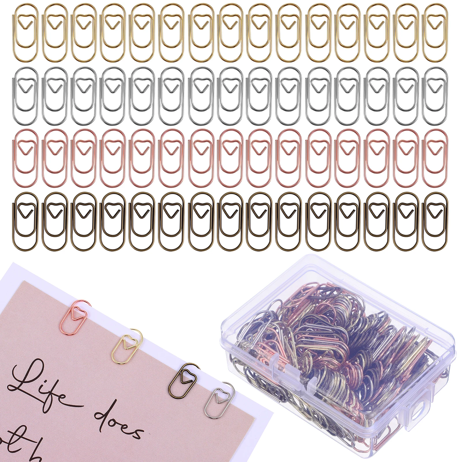 

200 pcs Mini Heart Shaped Paper Clips Metal Strong Rose Gold Silver Gun Color Office School Supplies Document Sealing