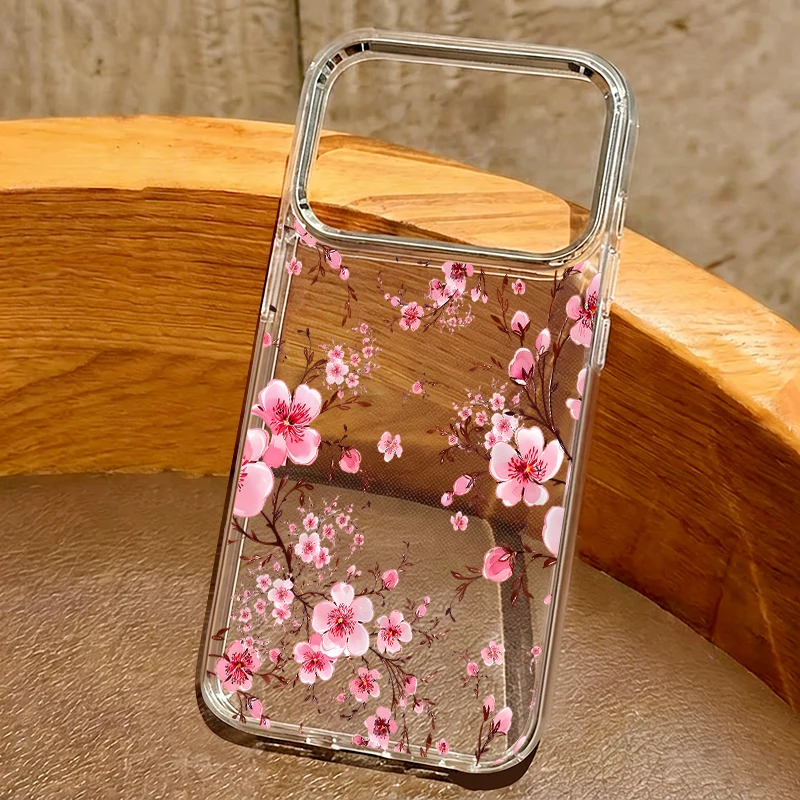 Pink Flower Pattern Transparent Phone Case For iPhone 17 16 15 14 13 Pro Max 13 Pro 17e 16e 11 Plating Lens Frame TPU Soft Cover