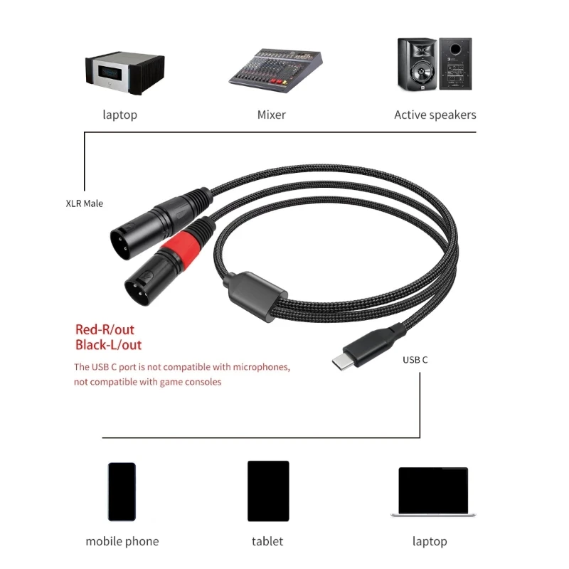 100/200/300cm Type C to Double 3Pin Male Aux Cable 32bit/384khz Decoding Chip Conversion Line for Amplifiers Mixer