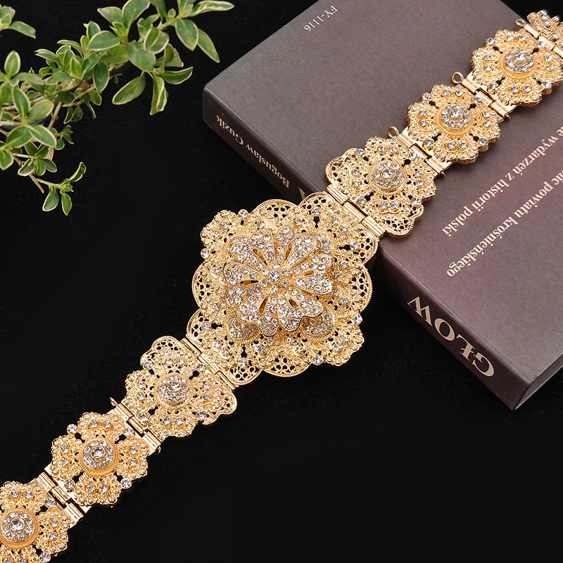 Morocco Trendy Gold Plated Caftan Wedding Belt Full Rhinestone Long Chain Crystal Bridal Belt Arabic Luxury Wedding Accessories