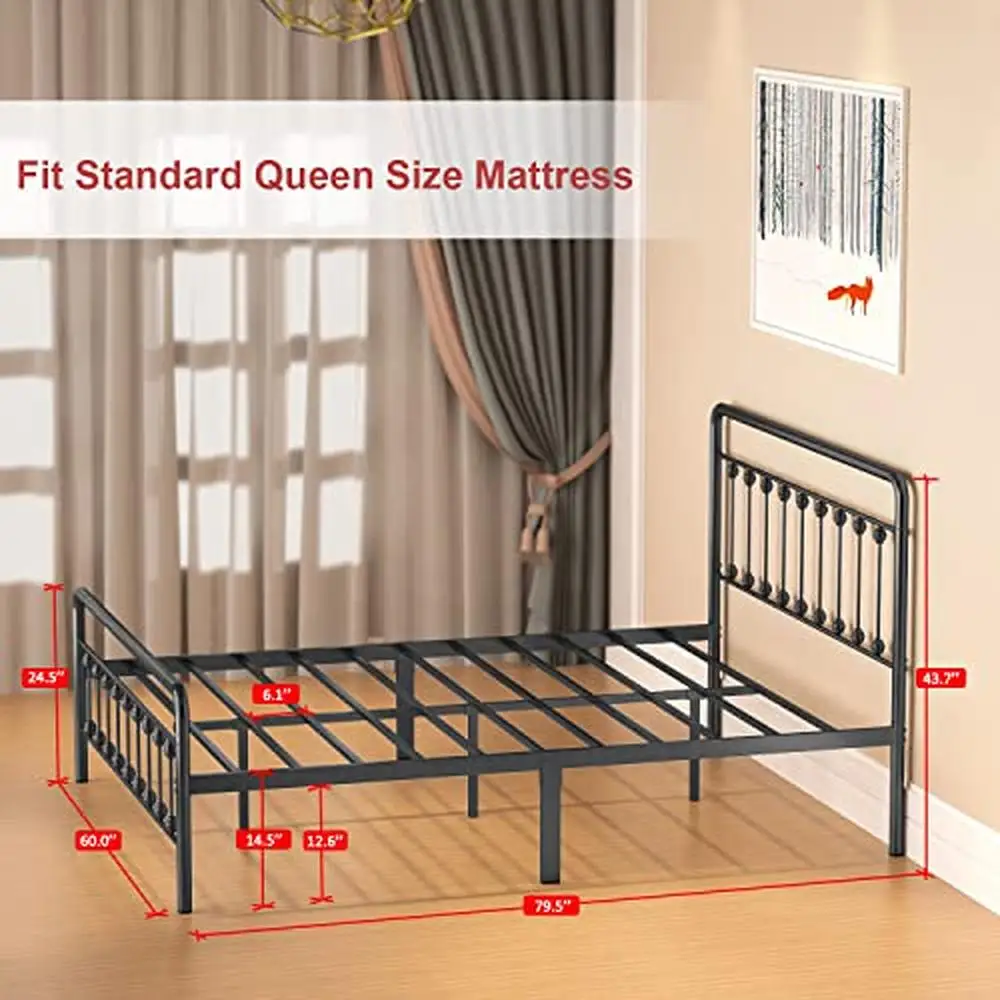 

Vintage Metal Bed Frame Queen Size Premium Steel Slat Support Mattress Foundation Excluded Easy Assemble Convenient Practical