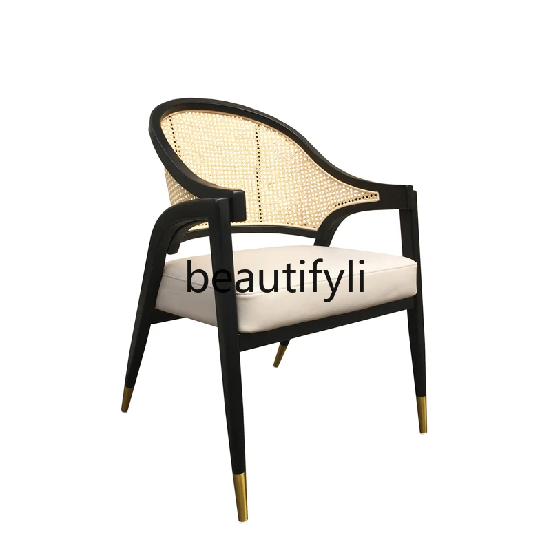 

Nordic retro solid wood chair home backrest rattan medieval chair study chair