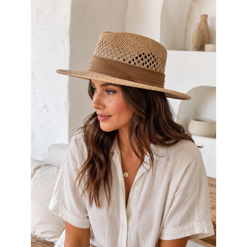 Women's openwork flat-top straw hat, elegant French style summer sun hat, multi-functional outdoor beach vacation hat.