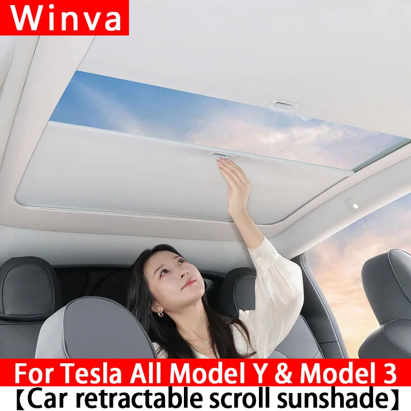 

For New Tesla Model Y Juniper 2020-2025+ & Model 3 Highland 2020-2025+ Retractable Sun Visor Car Roof Uv Protection Shade Scroll