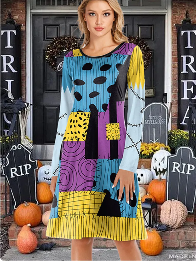 Halloween Dresses for Women Printed Dress with Full Sleeve O Neck Bohemian Printing Cover Ups Lady Festival Party Dresses New