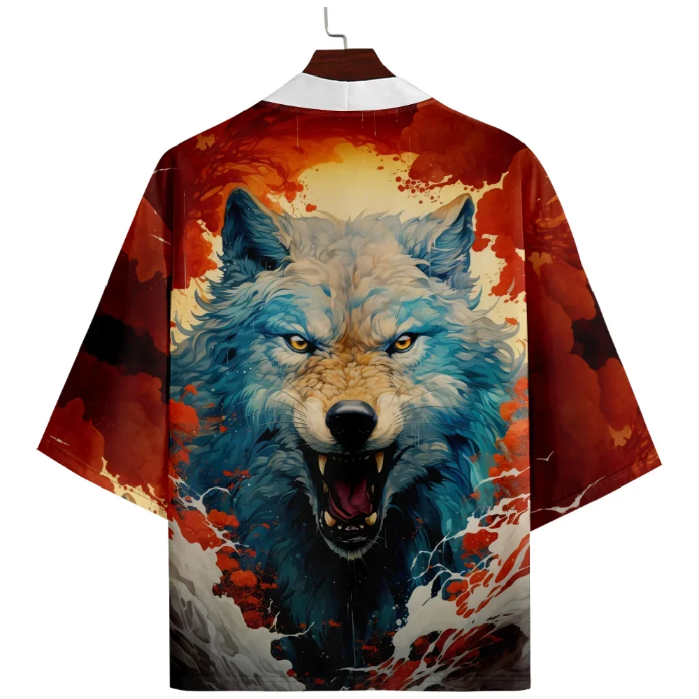 

Red Plus Size 6XL Japanese Cosplay Print Wolf Cardigan Shirts Women Men Yukata Harajuku Traditional Kimono Clothing