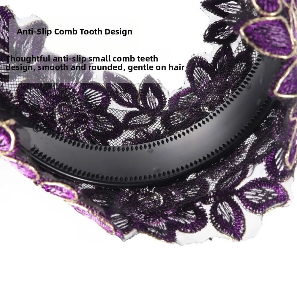 Niedliches breites Spitzen-Mesh-Haarband mit Blumen, elastisches Damen-Haarband, rutschfest, mit Hohlmuster, hohle Kopfbedeckung für Mädchen – Detail 9