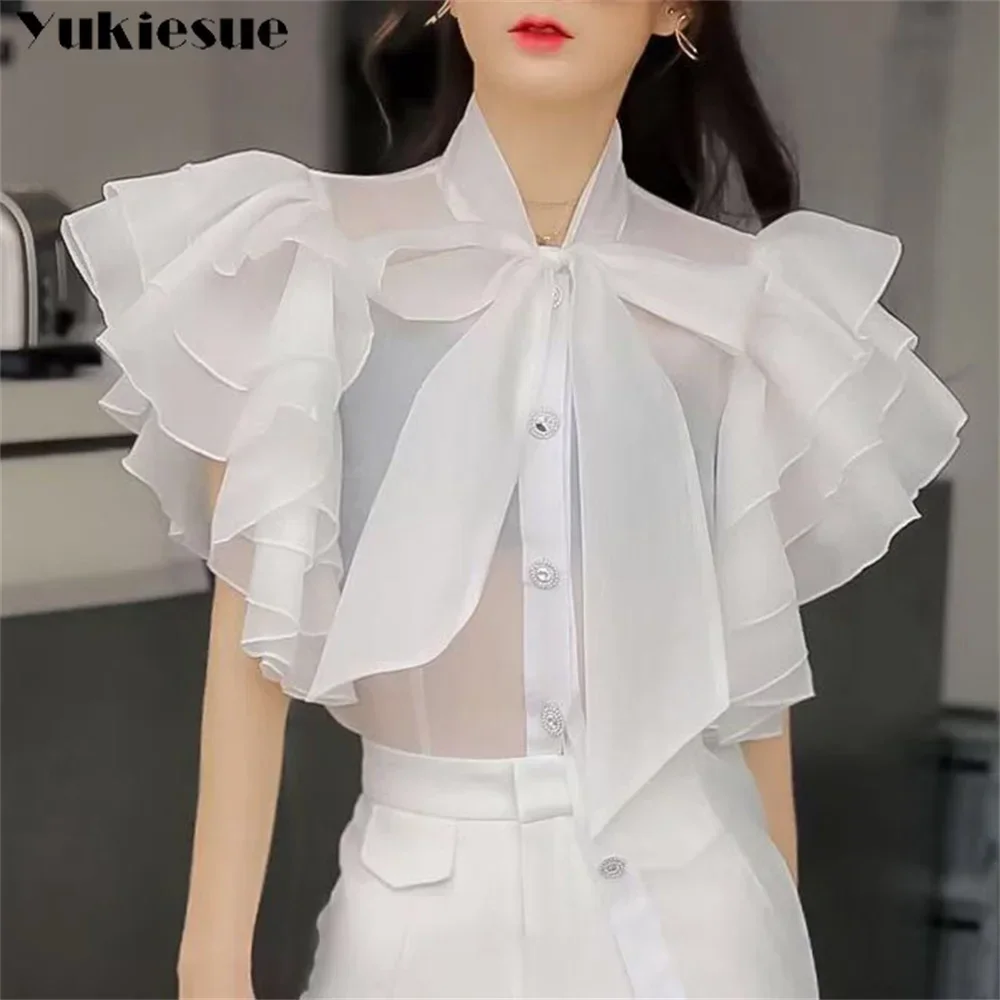 

blusas Ladies Vintage Lace-Up Bow Rhinestone Buttons Organza Shirts Summer Women Layered Ruffles White Blouses Elegant Tops