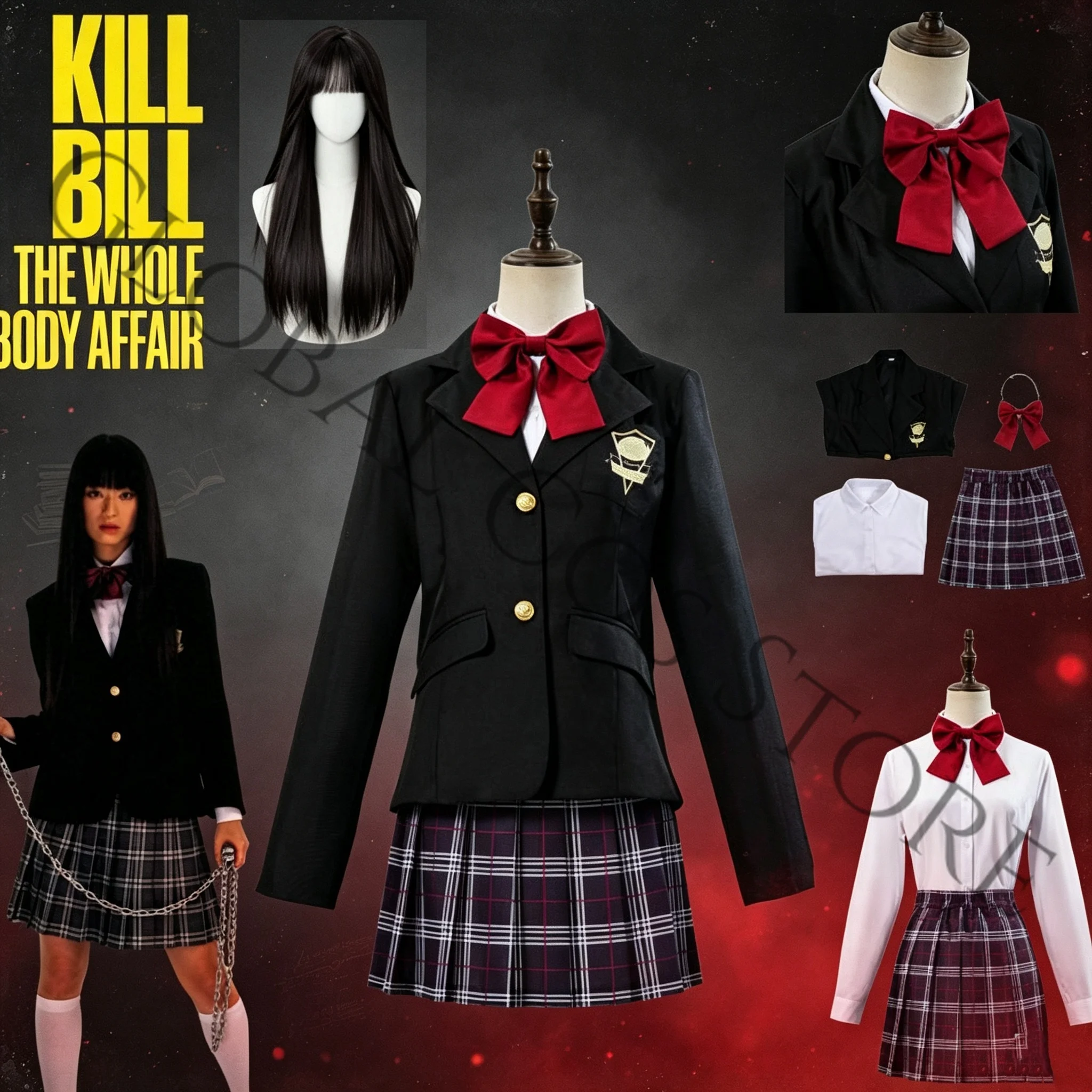 Movie Kill Vol.1 Bill Gogo Yubari Cosplay-Kostüm JK Schuluniform-Outfit und Perücke Komplettset für Frauen Halloween Bühnen-Rollenspiel