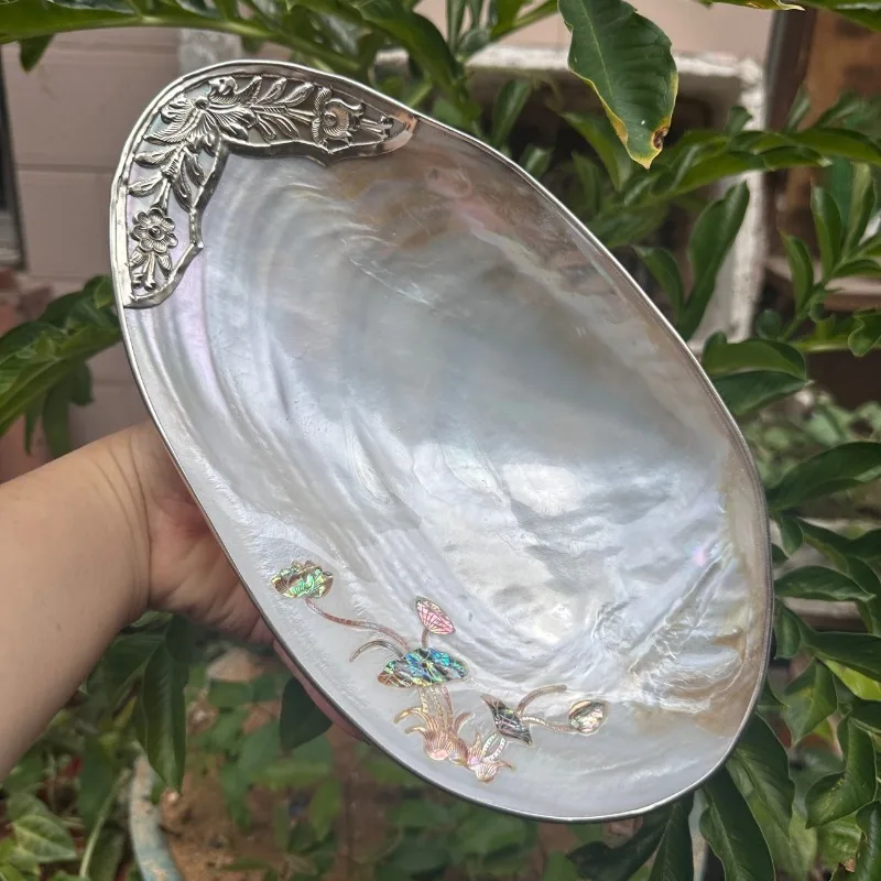 Natural Shell Platter, Footed Condiment Dish for Dining Table, Velvet Jewelry Organizer Tray,Decorative Handicraft Display Piece
