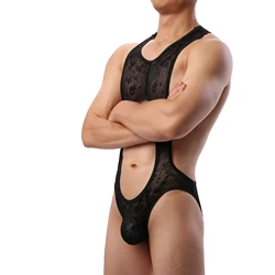 CLEVER-MENMODE Men Sheer Lace Bodysuit Penis Pouch Sexy Jockstrap Open Butt Leotard Crossdress Nightwear One-piece Underwear