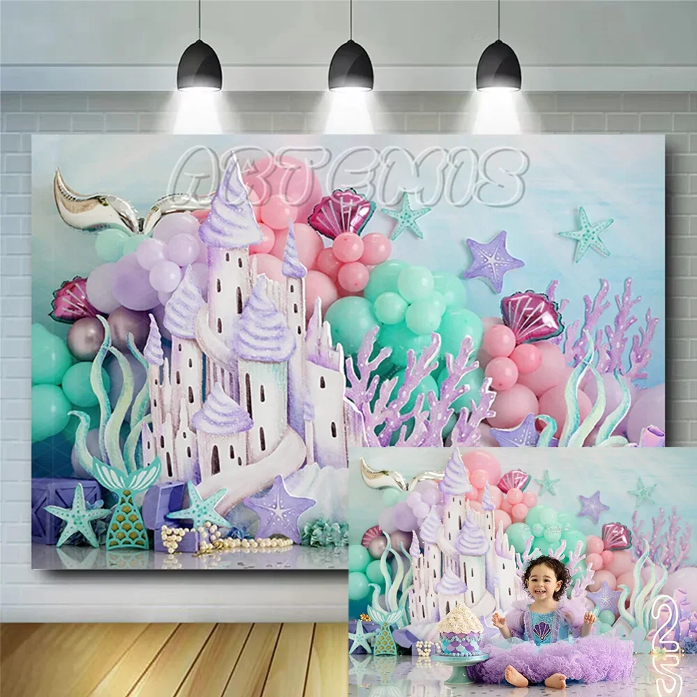 

Baby Shower Background Birthday Decoration Underwater World Coral Castle Mermaid Shell Cake Smash Portrait Photography Backdrop