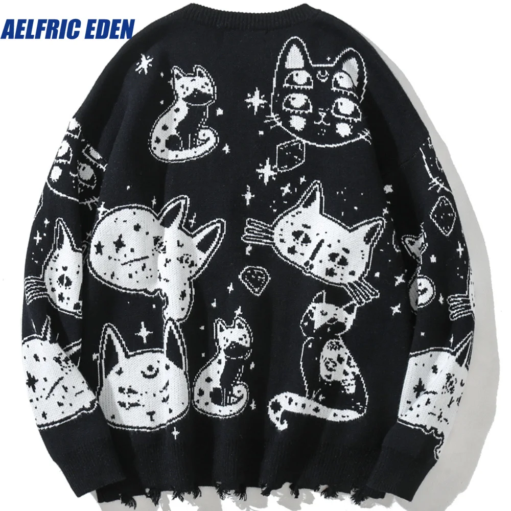 Y2K Sweaters Men Japanese Retro Cute Cat O-Neck Jumpers Advanced College Style Fashion Knitted Loose Casual Streetwear