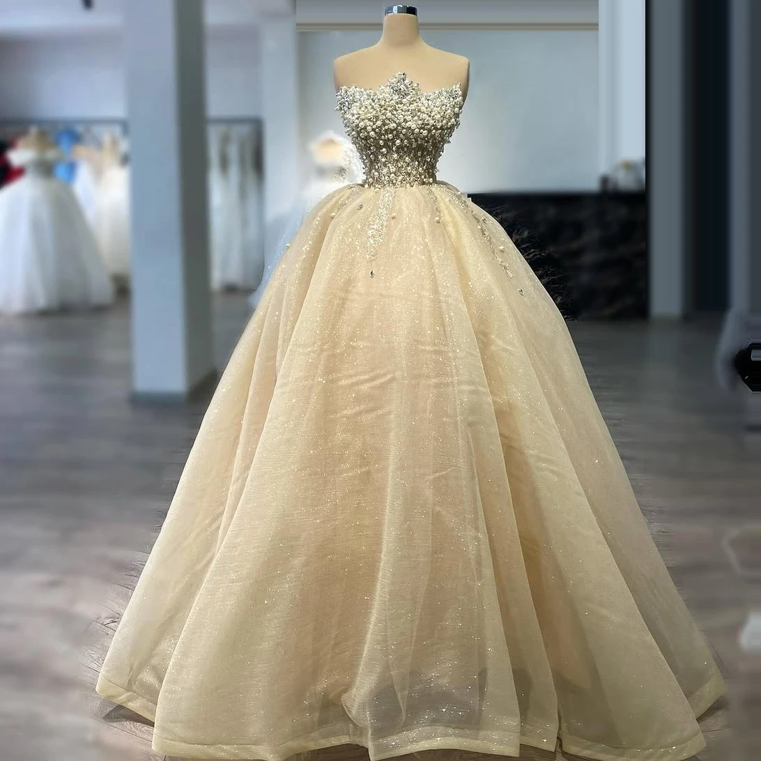 

High Quality Luxury Pearl Off Shoulder Wedding Dress With Beaded Glitter Chiffon Princess Puffy Skirt
