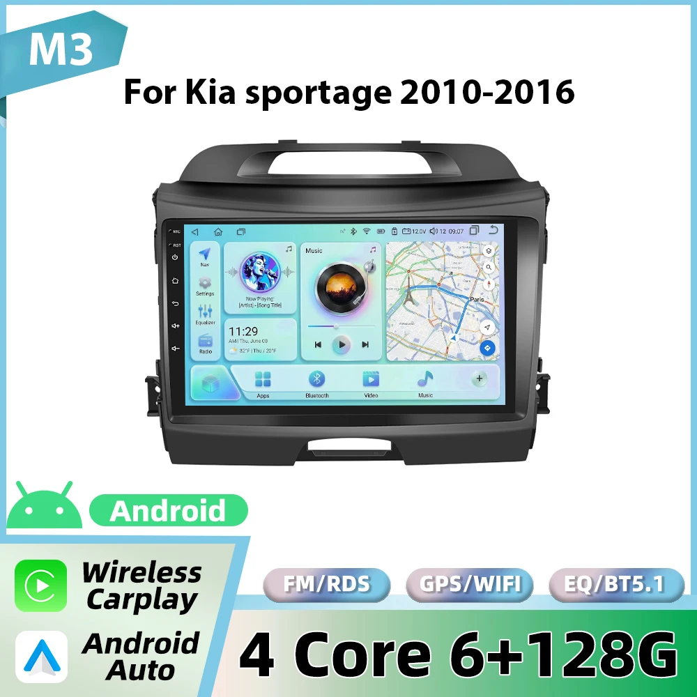 Podofo 9'' autoradio voor Kia Sportage 2010-2016 met draadloze CarPlay, Android Auto, multimediasysteem, WIFI, GPS, FM/RDS, BT head unit - afbeelding 1