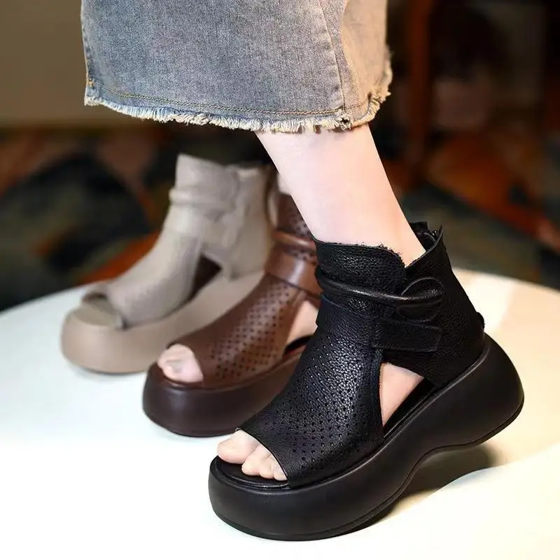 Sandales Rétro en Cuir PU Souple pour Femme, Bottes Cool à la Mode, Bouche de Poisson, Compensées, Talons Mi-Hauts, Été 2024