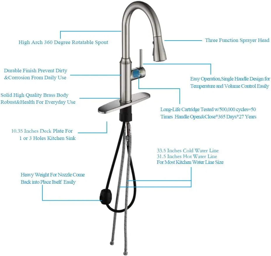 Torneira de cozinha quente com pulverizador pull down-riscos de pia de cozinha de níquel escovado 1/3 furo alça única aço inoxidável de arco alto