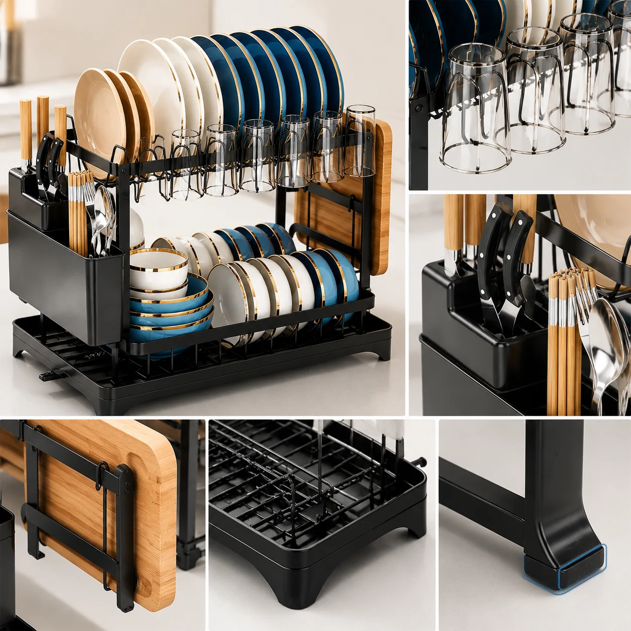 2‑Tier Black Dish Drying Rack, Large‑Capacity Metal Kitchen Countertop Dish Rack with Utensil Holder, Cup Holder and Cutting Board Holder, Kitchen Plate Bowl Drain Organizer