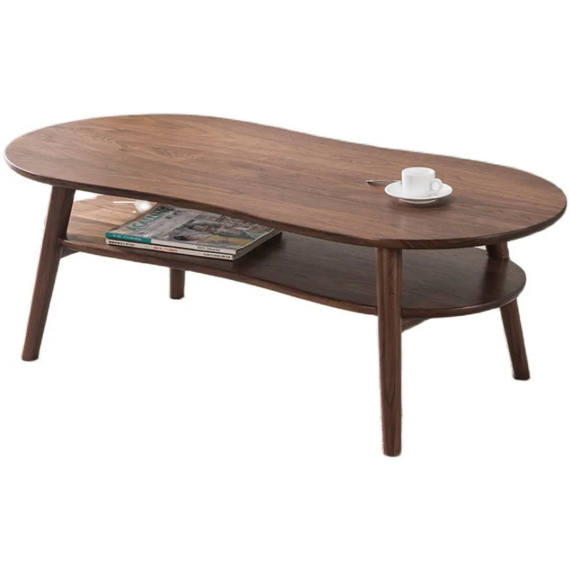 Solid wood double-layer coffee table, cherry wood small apartment simple oval peanut-shaped coffee table