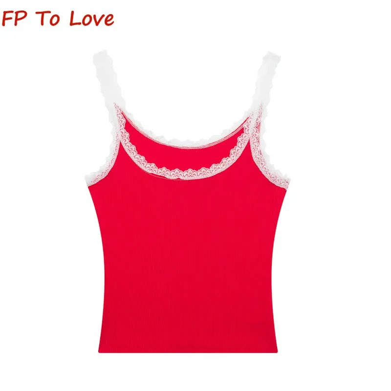 Y2K Summer Lace Splicing Camisole Spice Girl High Waisted Neckline Top Women Clashing Tank Top