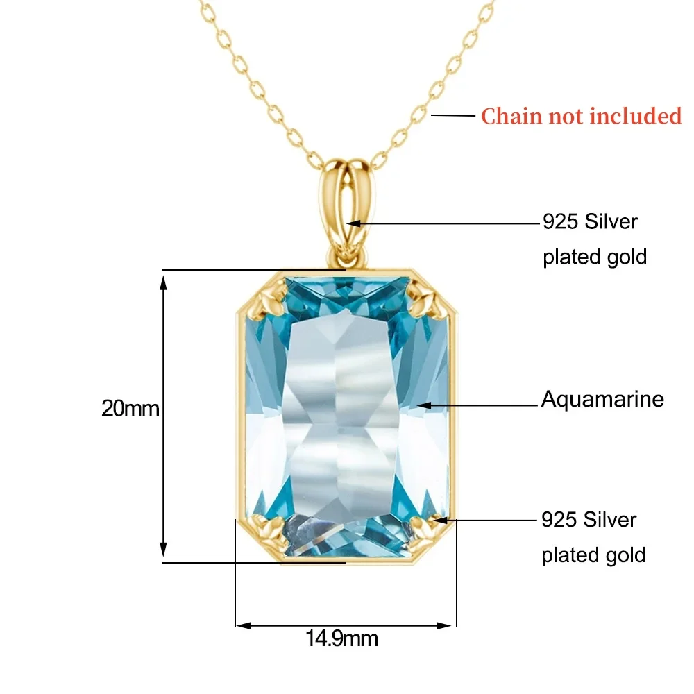 Real 925 Sterling Silver Necklace Pendant Aquamarine Rectangle Gold Plated Elegant Wedding Jewelry Gift To Friend