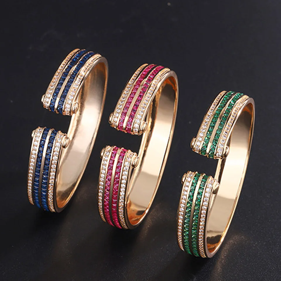 

Zlxgirl Brand Green Blue Red Zirconia Women's Wedding bangle jewelry Fine Dubai African Gold Plated Bridal Cuff Bangle free ship