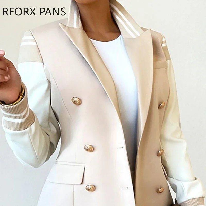 Women Elegant Solid Patchwork Turn Down Color Double Breased Long Sleeves Blazer Jacket