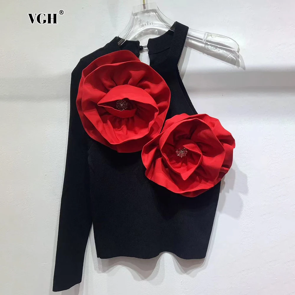 VGH Sexy T Shirts For Women O Neck Off One Shoulder Long Sleeve Spliced Lager Flower Decoration Temprament Tops Female Clothing