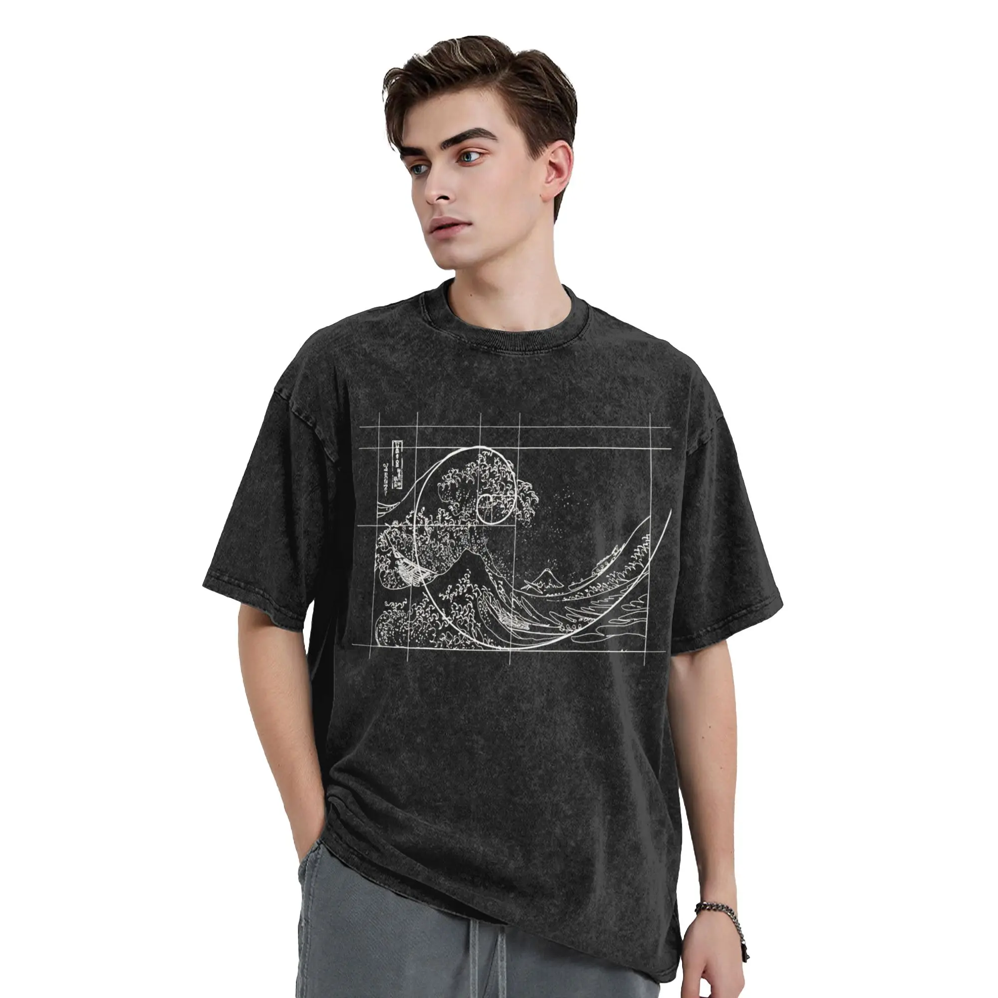 Washed T Shirts Hokusai Meets Fibonacci Golden Ratio Hip Hop T-Shirt Street Geek Math 100% Cotton Summer Tops Tees for Men Women
