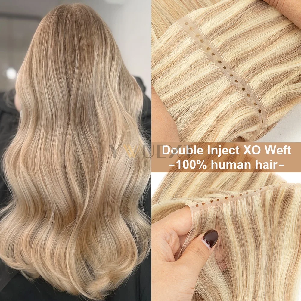 Double Inject XO Hole Weft Human Hair Invisible Twin Tabs PU Weft Real Human Hair Micro Loop XO Weft Hair Bundles 40-50g