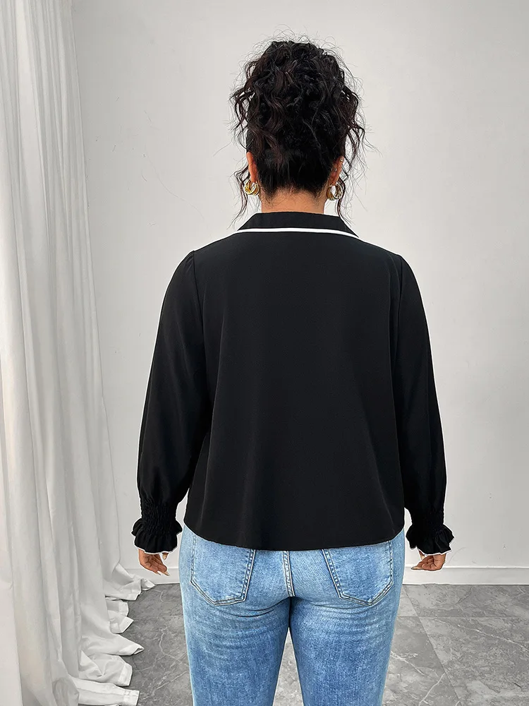 GIBSIE Plus Size Polo Collar Black Contrast Bow Top Blouse Women 2025 New Autumn Sweet Casual Long Sleeve Ladies Chic Blouses