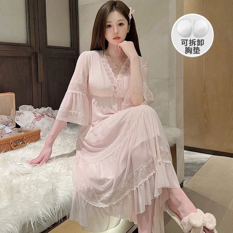 

2025 Summer Cute Lace Princess Short Sleeve V-neck Cotton Nightgowns for Women Cute Sleepwear Night Dress Nightdress Home Nighty