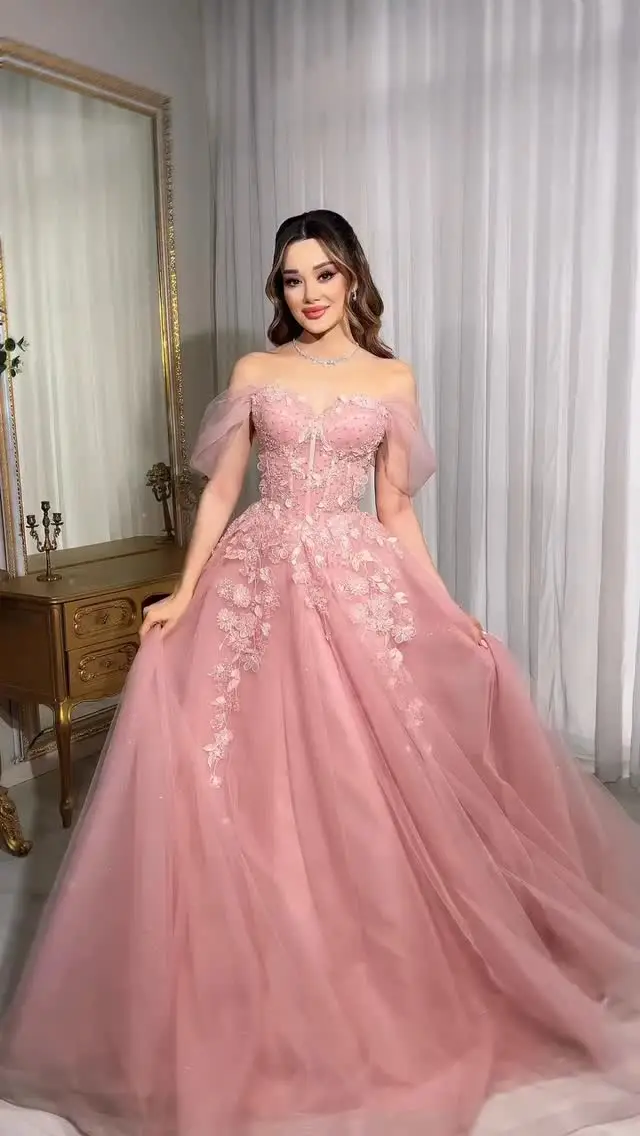 Sansa Customized Elegant Pink Off Shoulder Prom Dresses Lace Applique Tulle Ball Gown Formal Evening Gowns Vestidos De Noche 2