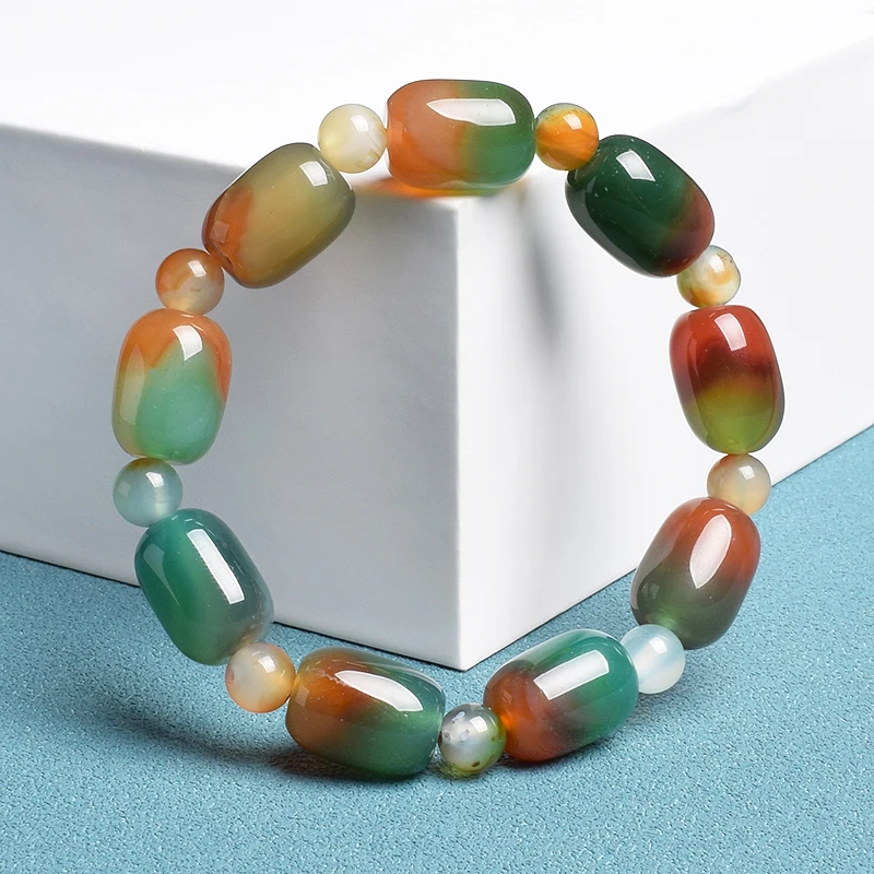 Natural Green Peacock Agates Bracelet Women Elegant Drum Barrel Shape Jade Beads Bangles Healing Energy Stone Jewelry Gifts