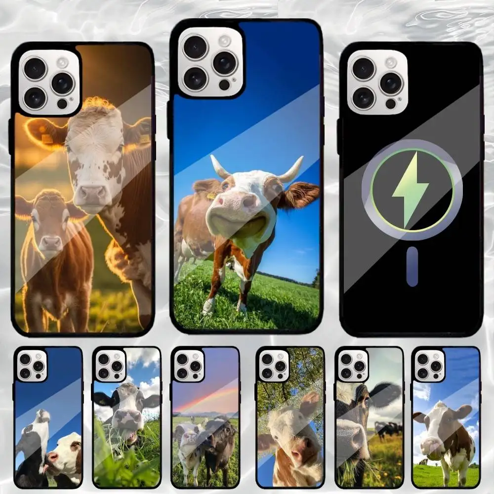 

C-Cute Animal Cow Phone Case For iPhone17,16,15,14,13,12,11 Plus,Wireless charging protective case soft cover