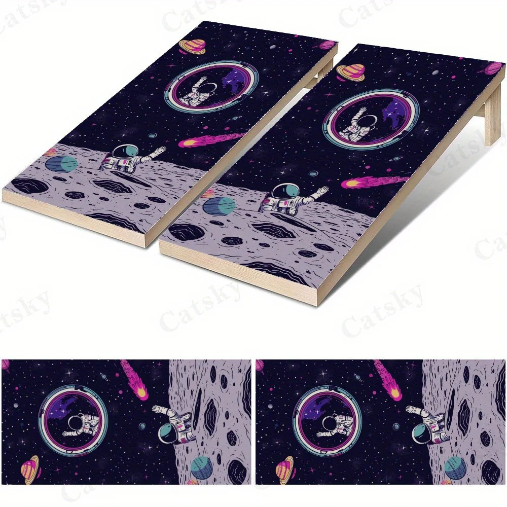 Envolturas de vinilo impermeables para tablero de cornhole de astronauta espacial púrpura, diseño de tablero de juegos al aire libre de PVC, perfecto para actividades deportivas y de ocio