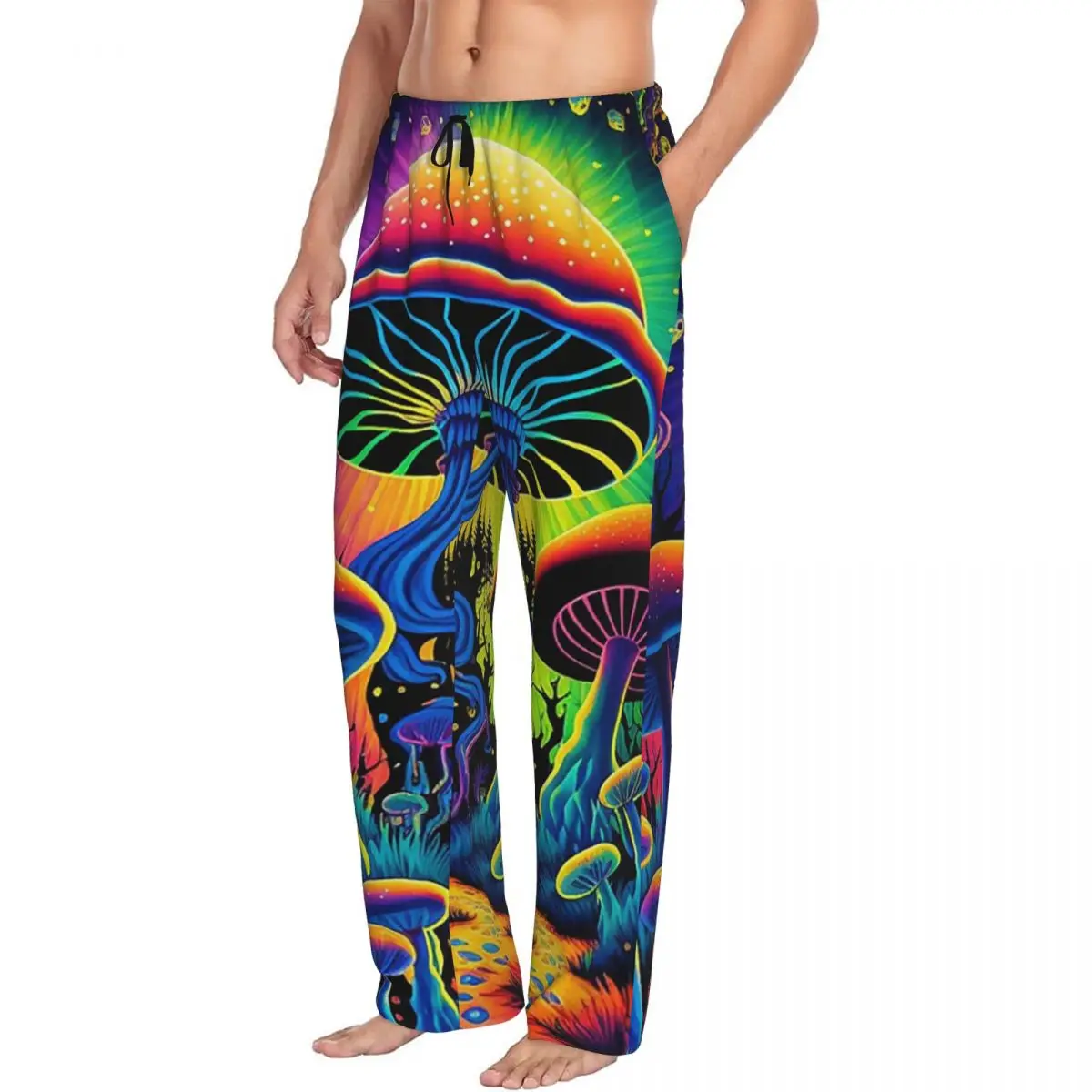 Custom Psychedelic Magic Glowing Mushrooms Pajama Pants Men Sleepwear Sleep Lounge Bottoms with Pockets