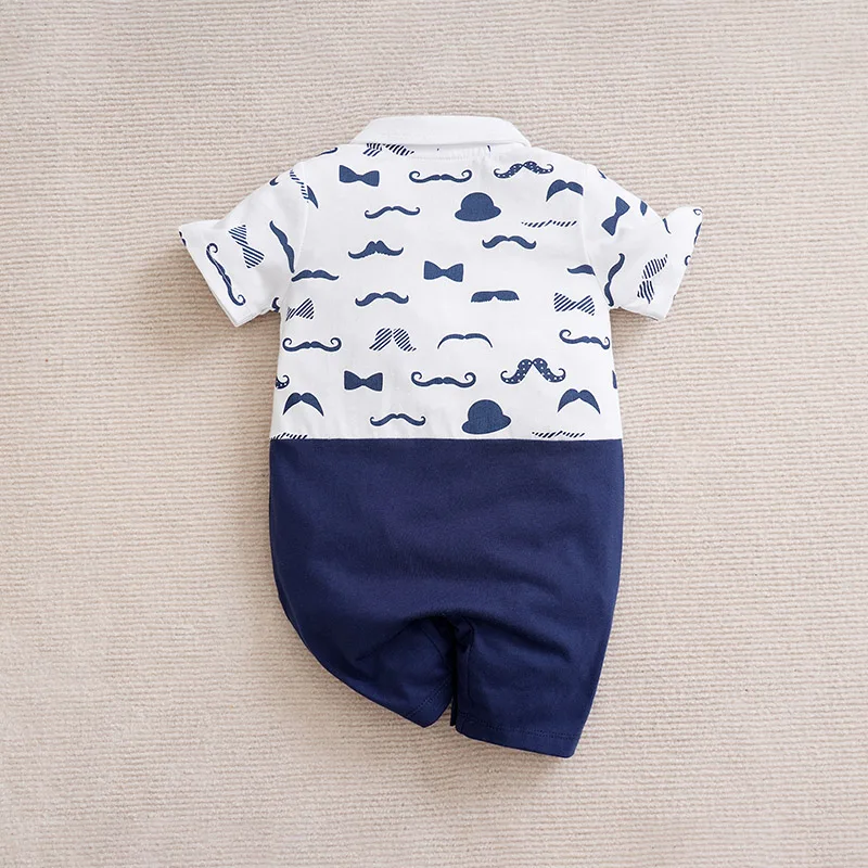 Newborn Baby Boy Summer Short Sleeve Romper blue Cotton One-Piece with Gentleman Bow Tie Mustache Print, Fashion Casual Infant