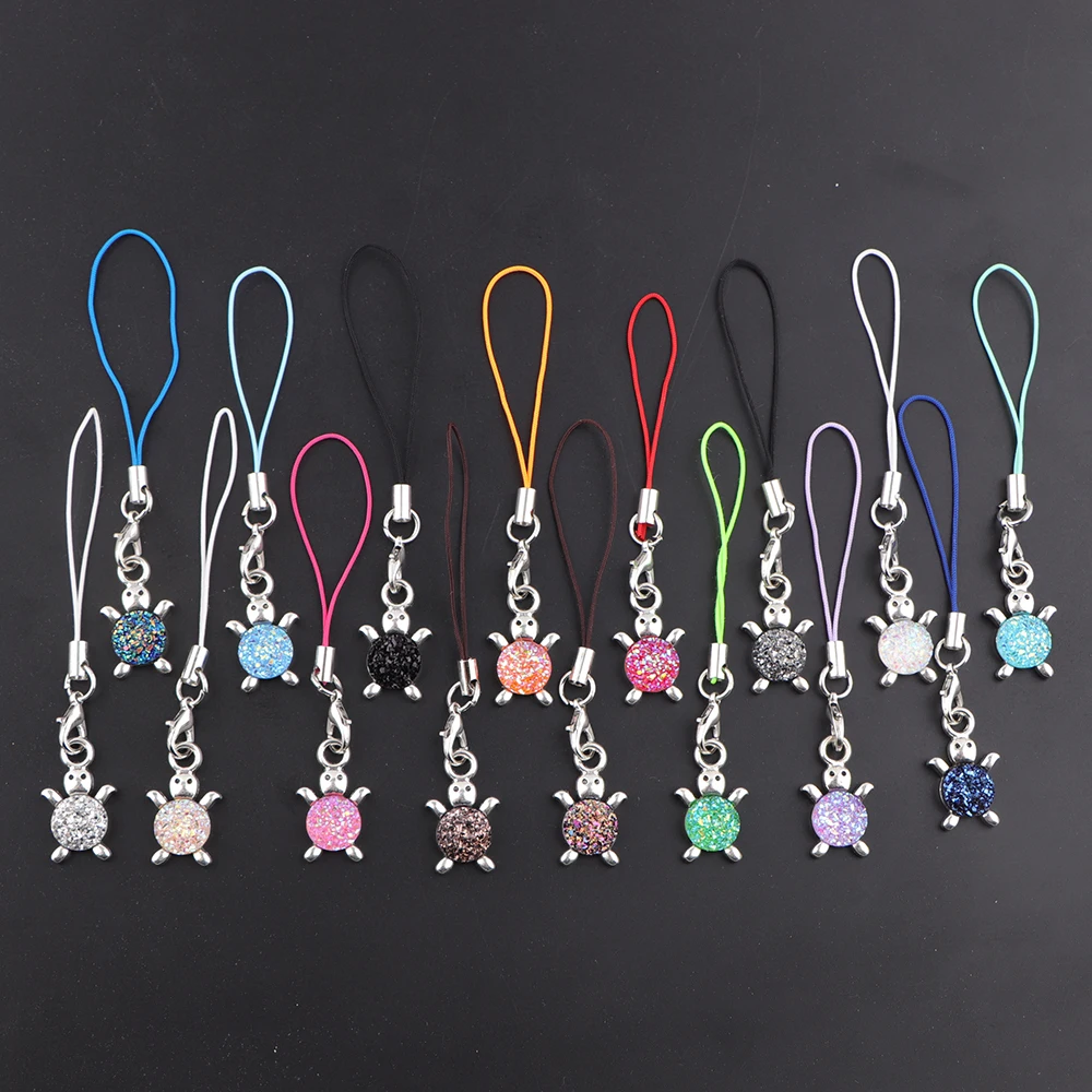 Glitter Round Stud Turtle Shell Mobile Phone Lanyard Colorful Tortoise Hand Wrist Lanyard Cords Lobster Clasp Rope Keychains