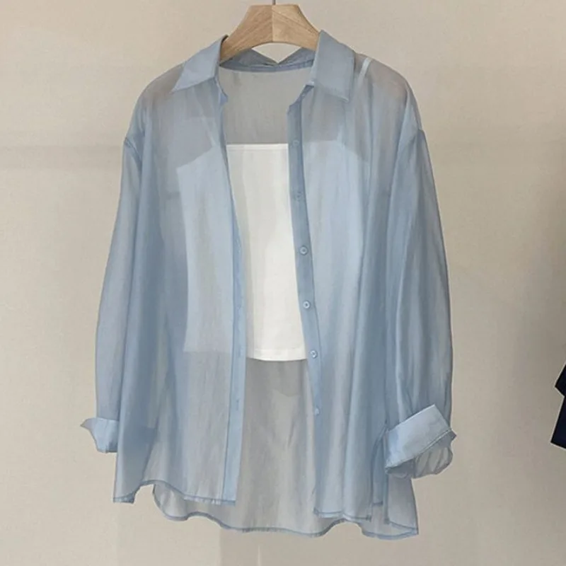 Camisas de malla para mujer, ropa fina de verano para mujer, manga larga, holgada, estilo coreano, transparente, suave, para estudiantes, universidad, cuello vuelto