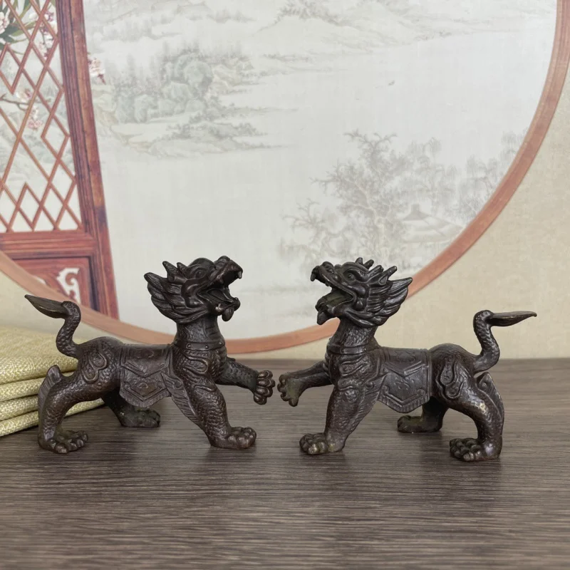 Vintage Antique Copper Solid Kirin Pair of Ornaments New Chinese Retro Home Office Decoration Gift Furnishings