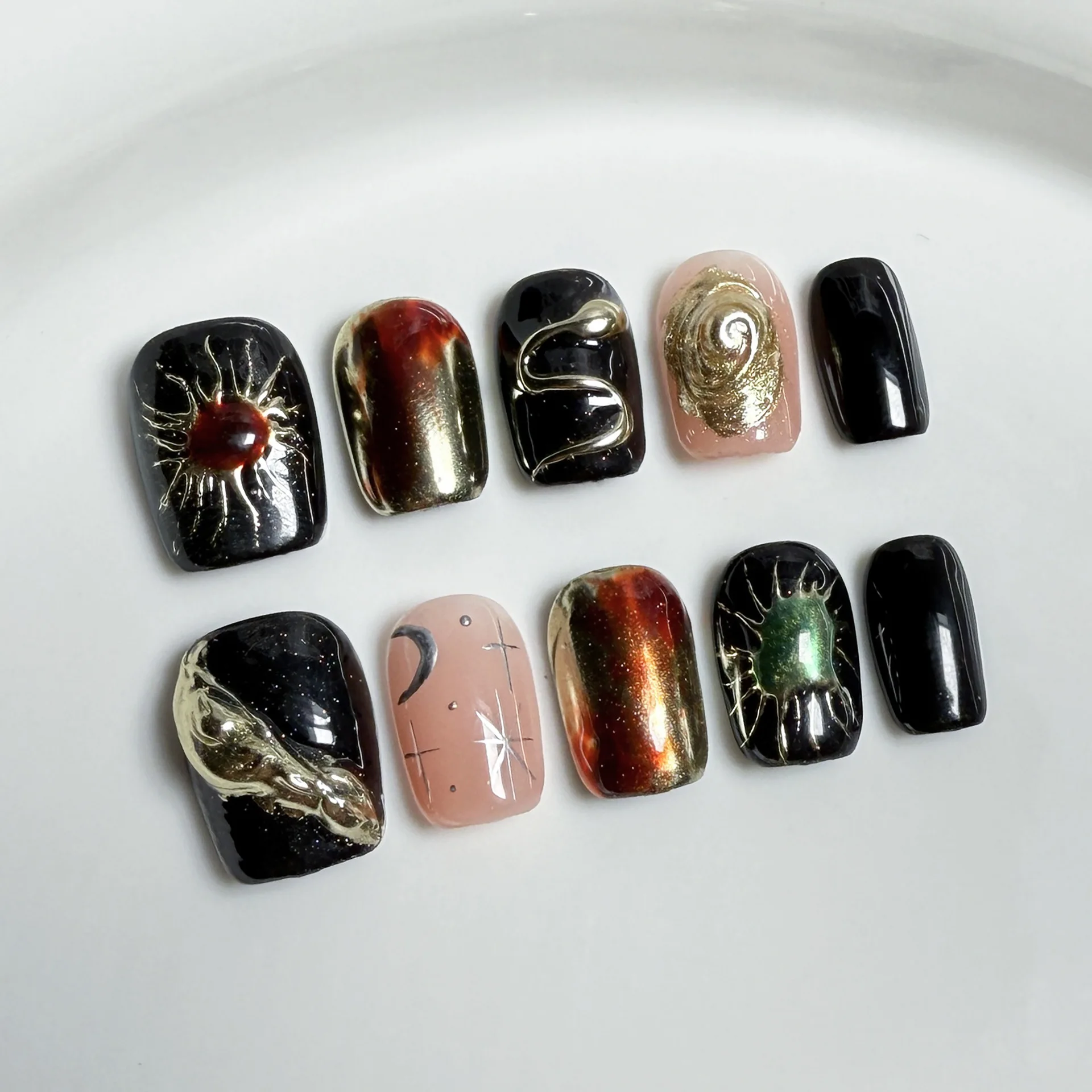 

10Pcs Black Handmade Cool Hand Drawn Press on Nails Full Cover Spice Girl Metallic Design French Short Ballet Wearable Fake Nail